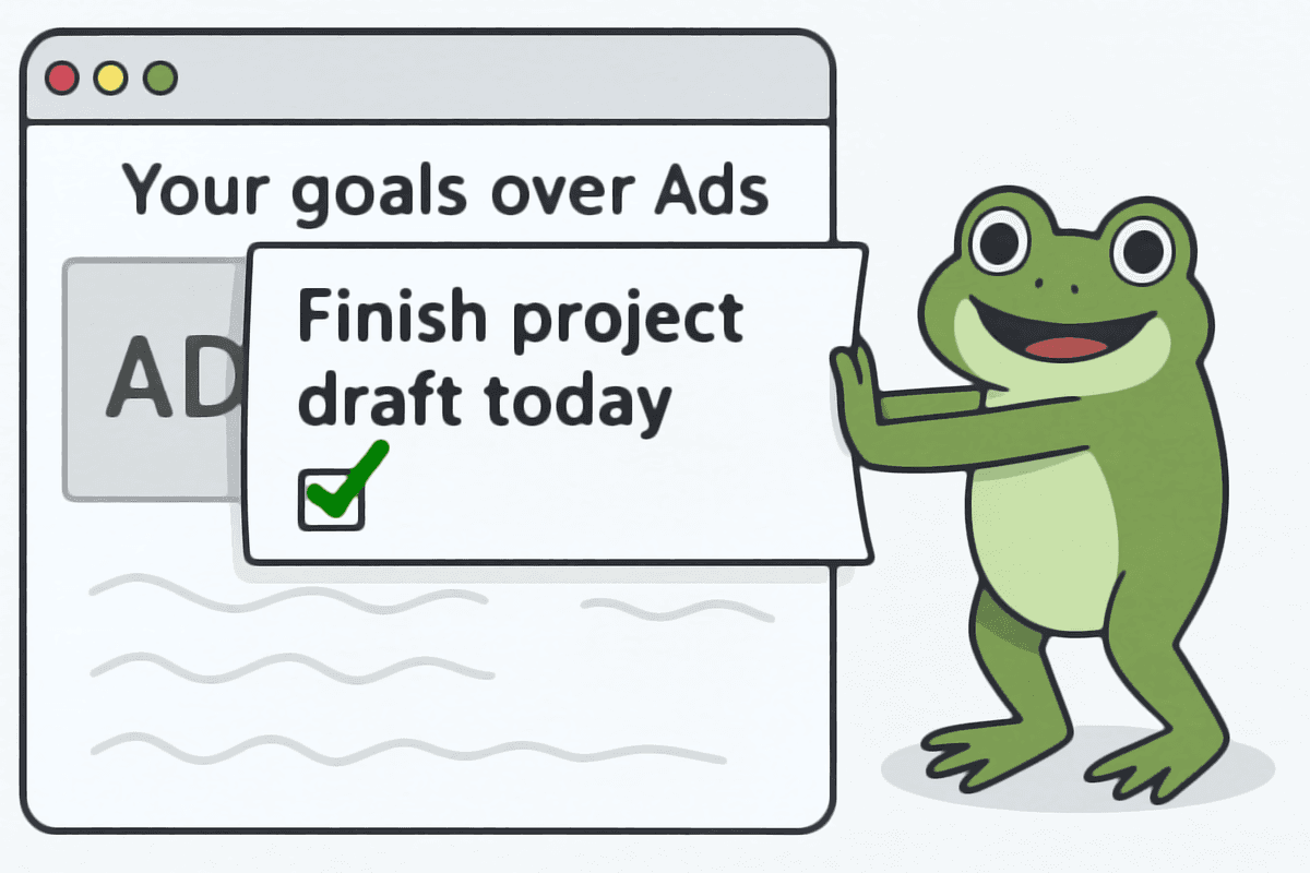Toad Block demonstration showing your goals replacing ads in a browser